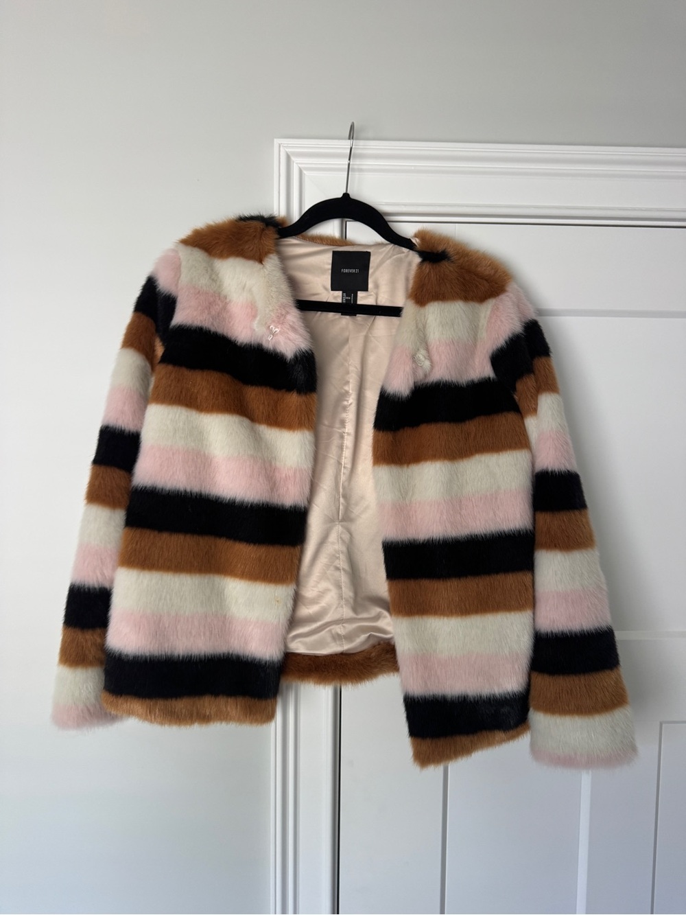 Forever 21 Striped Faux Fur Jacket in Pink, Brown & Black